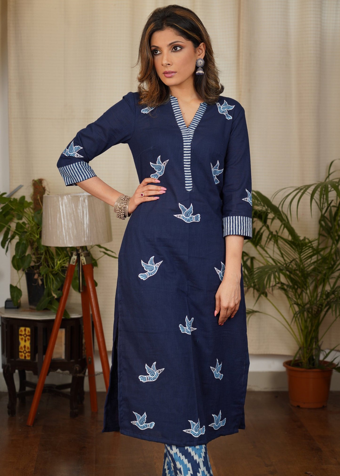 Tasteful Cotton Indigo Combination Kurta With Hand Painted Gond Art Birds Motif