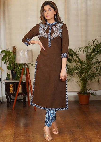 Unique Brown Design Straight cut Cotton Kurta with Beautiful Contrast Of Gond painting