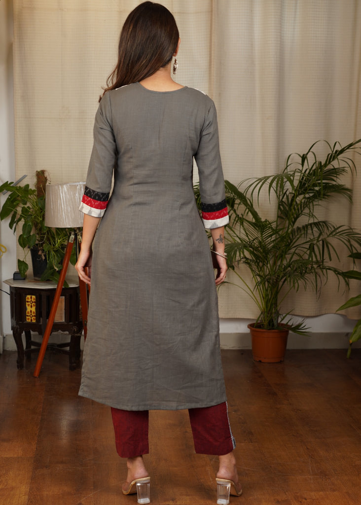 Straight Cut Cotton Ikat Combination Kurta Beautifully embelished with Hand Kutch Mirror Work, Stones and Silver Coins