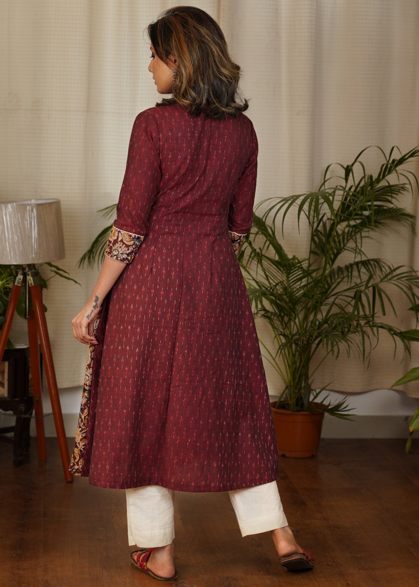 Unique A-Line Cotton Kalamkari and Ikat Combination Kurta with subtle Gold buttons