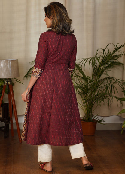 Unique A-Line Cotton Kalamkari and Ikat Combination Kurta with subtle Gold buttons