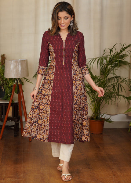 Unique A-Line Cotton Kalamkari and Ikat Combination Kurta with subtle Gold buttons