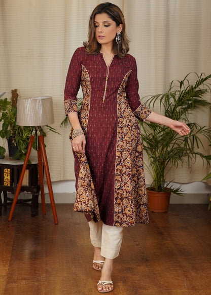 Unique A-Line Cotton Kalamkari and Ikat Combination Kurta with subtle Gold buttons