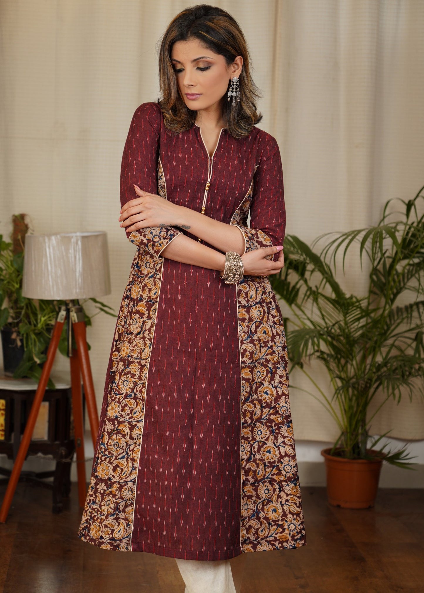 Unique A-Line Cotton Kalamkari and Ikat Combination Kurta with subtle Gold buttons