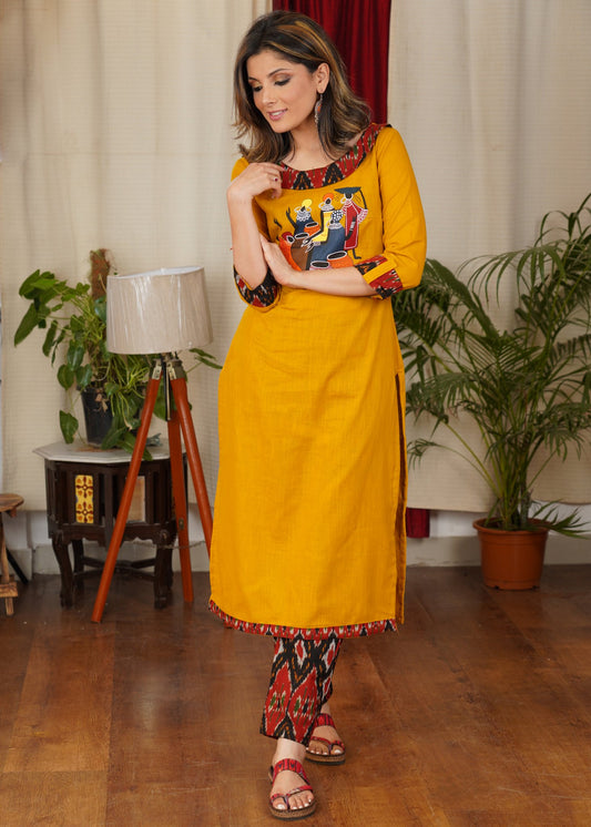 Designer Ikat Combination Cotton Straight cut Kurta With Hand Painted Tribal Art