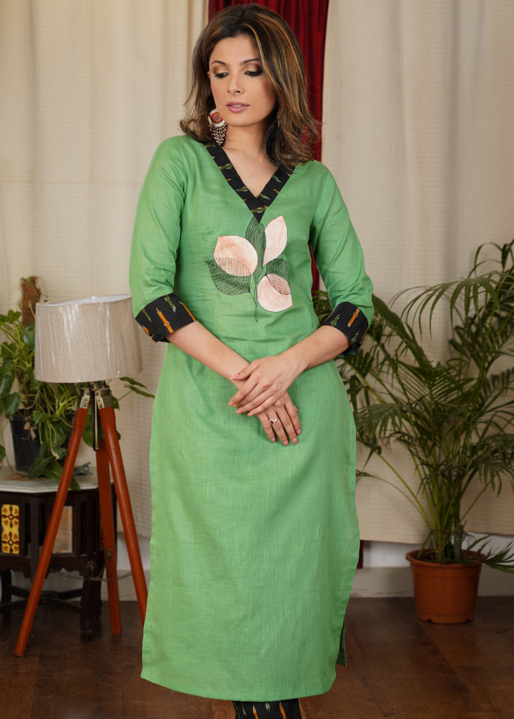 Soothing Green Straight Cut Ikat Combination Kurta With Beautiful Hand painting