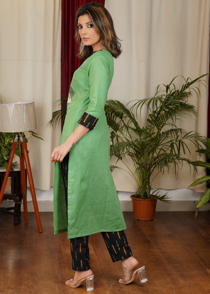 Soothing Green Straight Cut Ikat Combination Kurta With Beautiful Hand painting