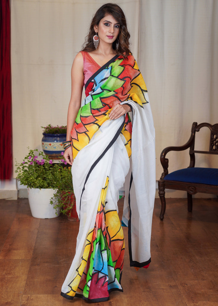 Exclusive white Chanderi saree with beautiful multicolour hand painting