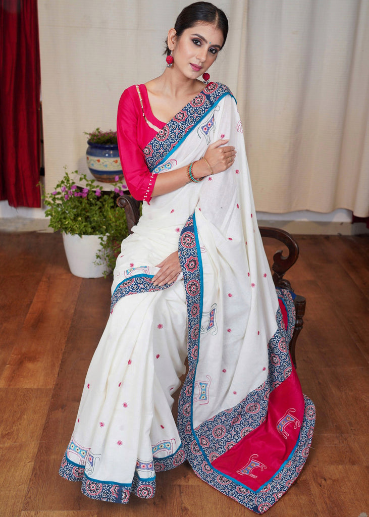 White cotton and pink combination embroidered saree with Ajrakh border