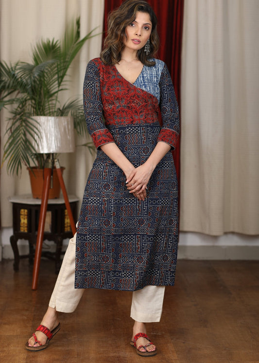 Exclusive Hand Block Printed Natural Color Ajrakh Combination Kurta