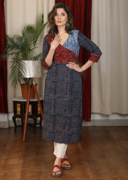 Exclusive Hand Block Printed Natural Color Ajrakh Combination Kurta