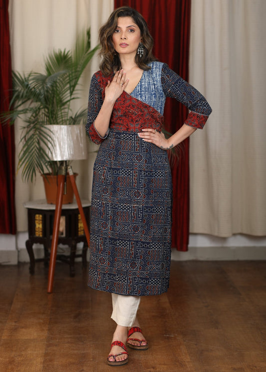 Exclusive Hand Block Printed Natural Color Ajrakh Combination Kurta