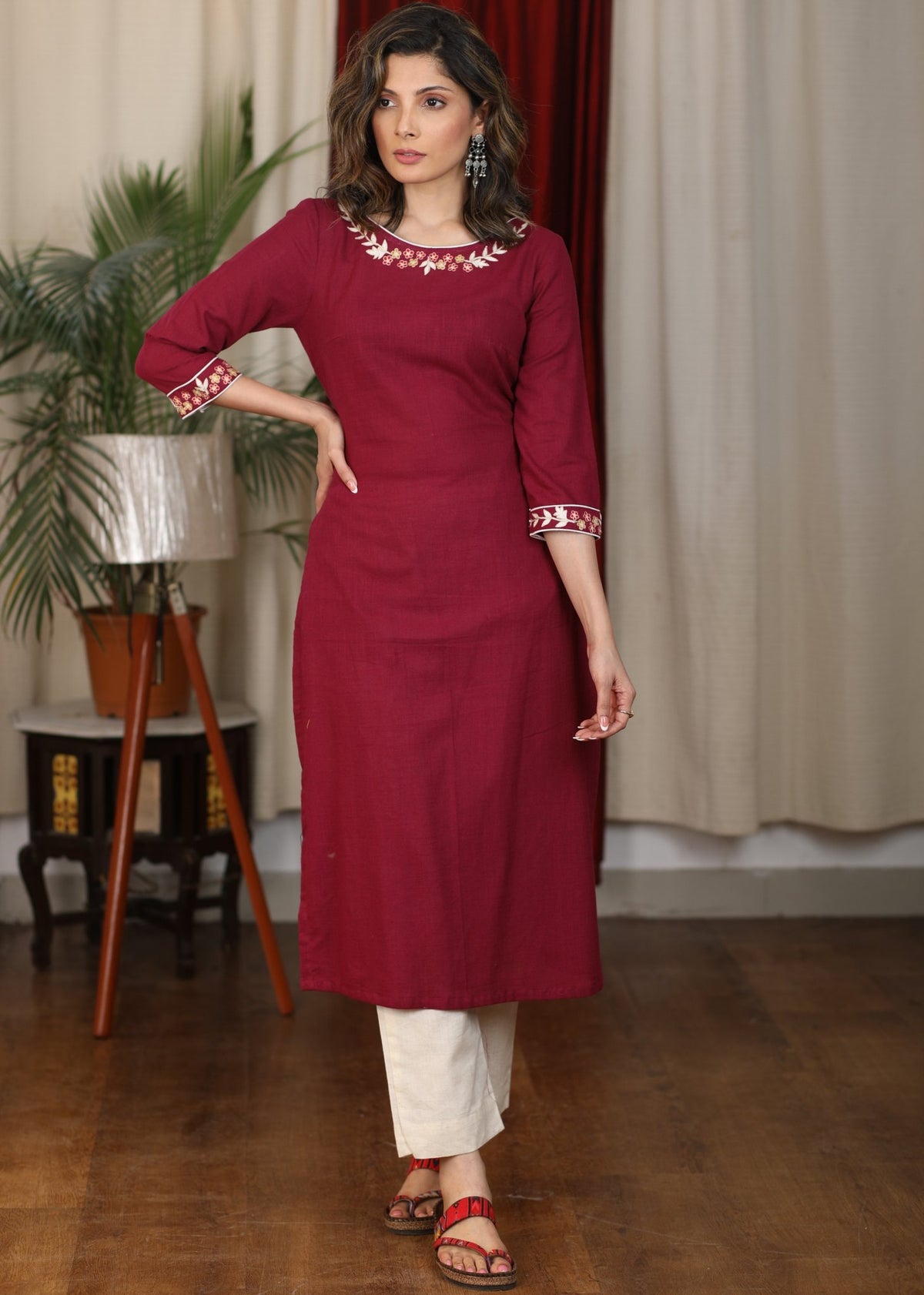 Exclusive Marron Cotton Kurta with Exclusive Embroidery on Neckline - Pant Optional
