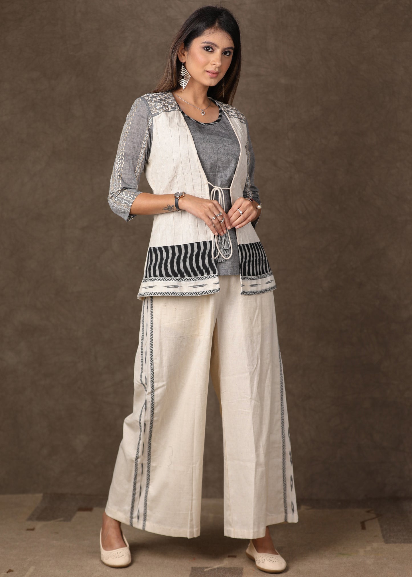 Grey White Combination of Inner and Front Open Shrug - 2 Piece (Shrug, Inner set) Pant Additional