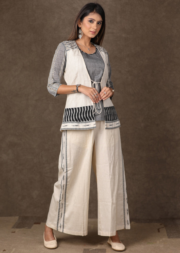 Grey White Combination of Inner and Front Open Shrug - 2 Piece (Shrug, Inner set) Pant Additional