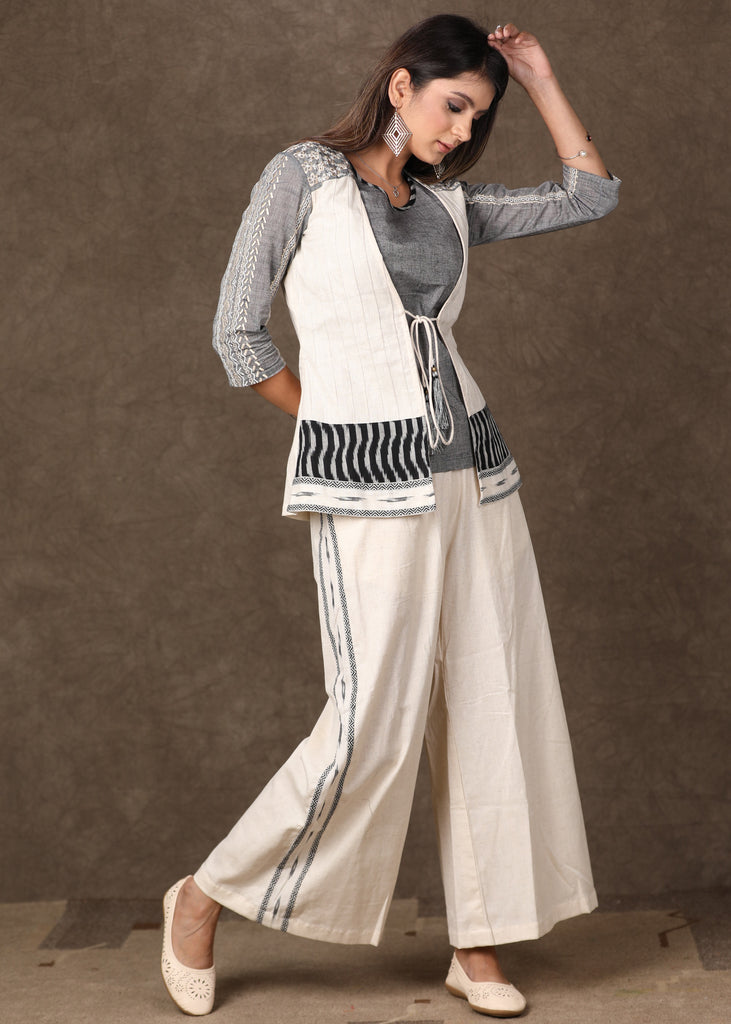 Grey White Combination of Inner and Front Open Shrug - 2 Piece (Shrug, Inner set) Pant Additional