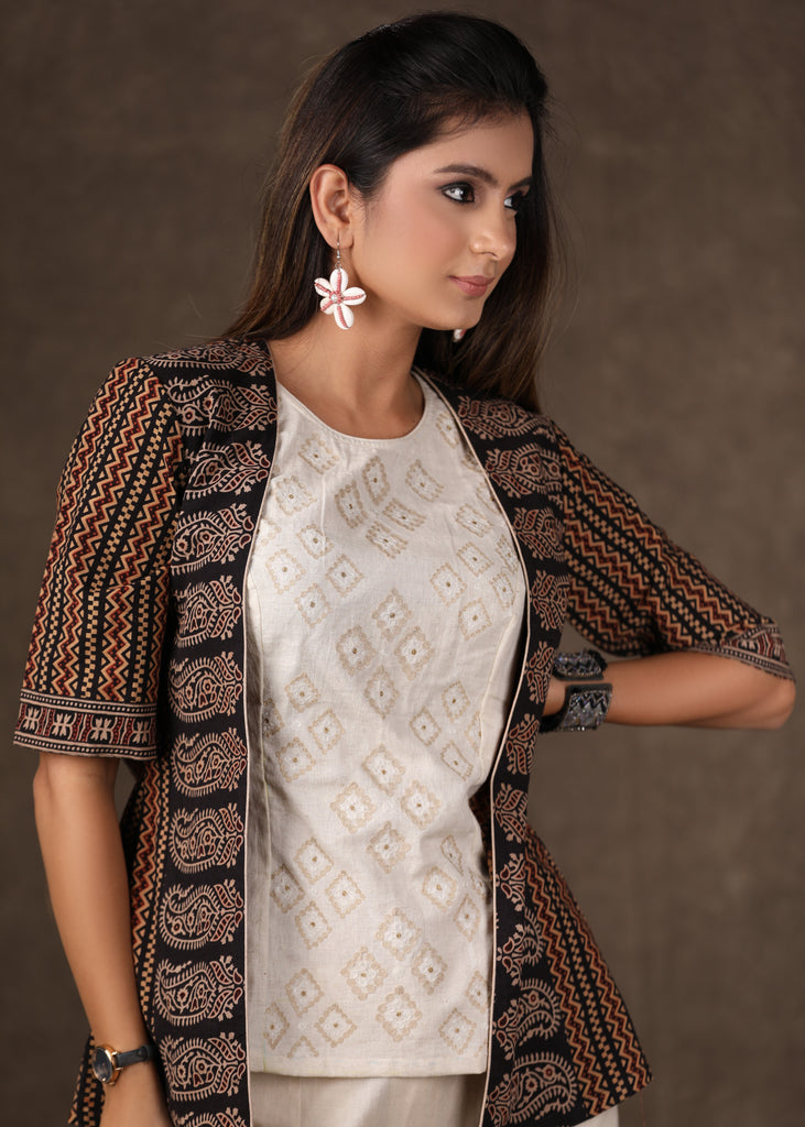 Exclusive Dabu Print Shrug with Embroidered Inner - 2 Piece (Jacket & Inner Set) Pants Optional