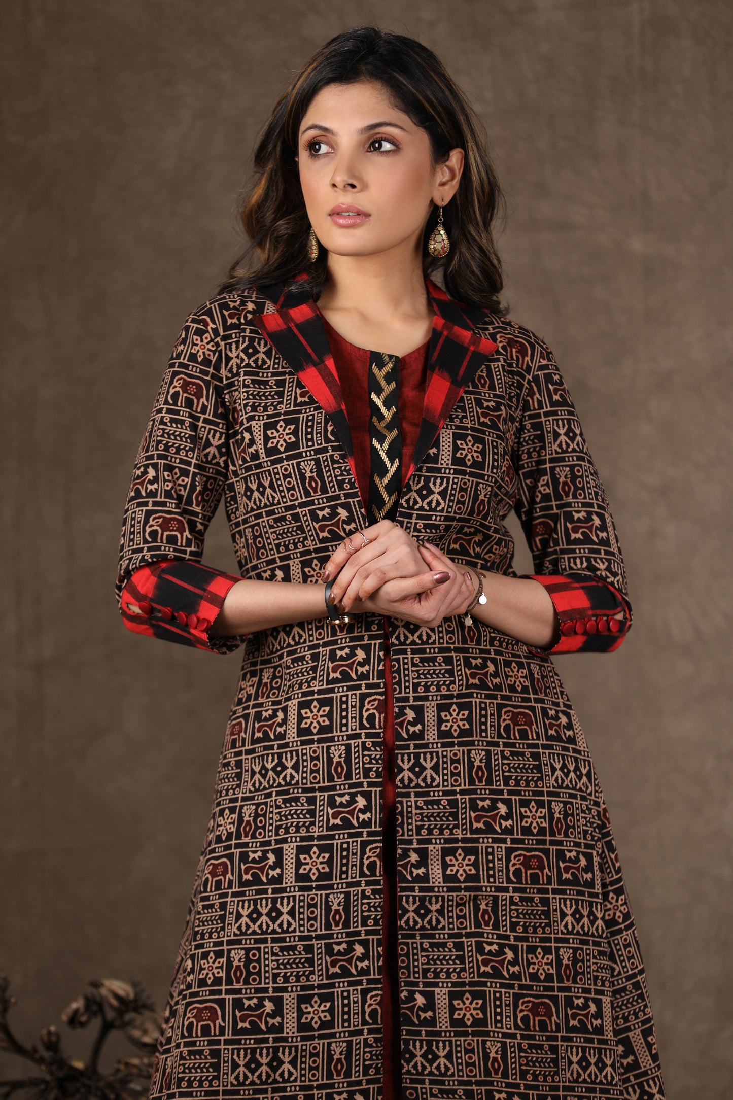 Black Ajrakh Jacket Style Kurta with Maroon Cotton Kurta with Antique Gold Hand Embroidery -2 Piece (Jacket + Inner) Pants Additional