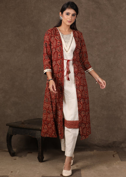 Maroon Ajrakh Jacket and Inside Kurta with Antique Gold Handwork on Both Pieces - 2 Piece (Jacket & Inner Set) Pants Optional