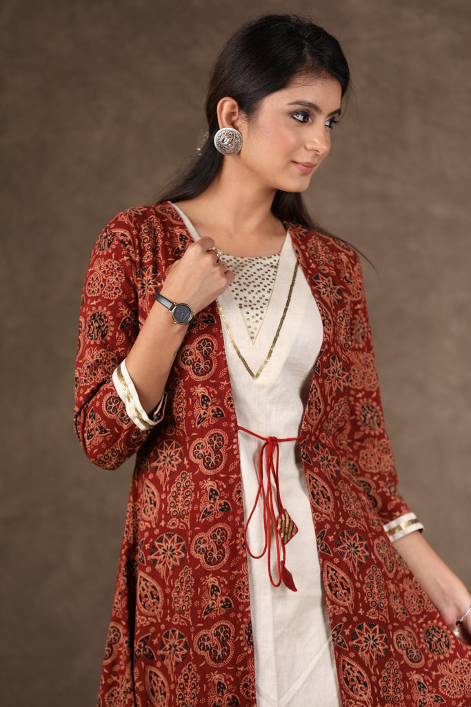 Maroon Ajrakh Jacket and Inside Kurta with Antique Gold Handwork on Both Pieces - 2 Piece (Jacket & Inner Set) Pants Optional