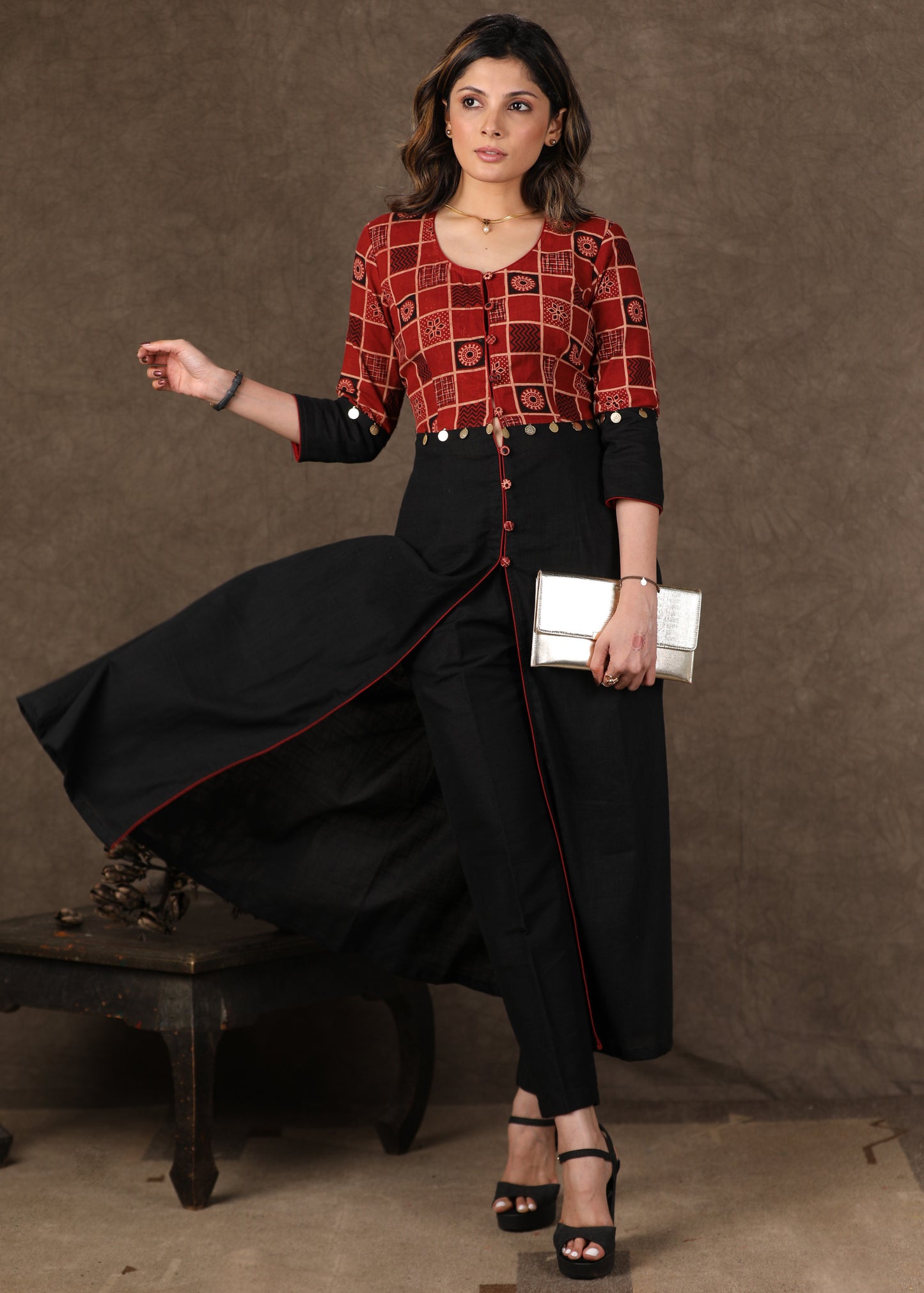 Exclusive Cotton Ajrakh Combination Kurta with Centre Slit and Gold Coin Work