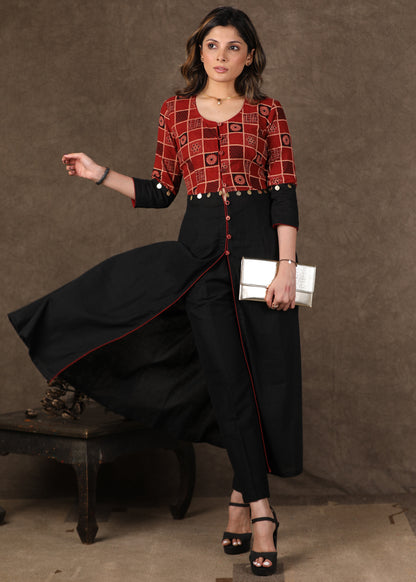 Exclusive Cotton Ajrakh Combination Kurta with Centre Slit and Gold Coin Work