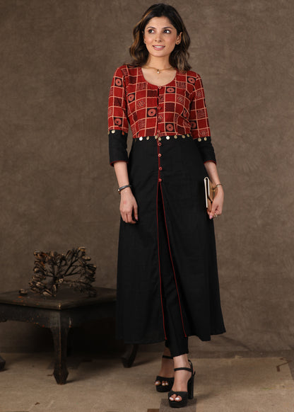 Exclusive Cotton Ajrakh Combination Kurta with Centre Slit and Gold Coin Work