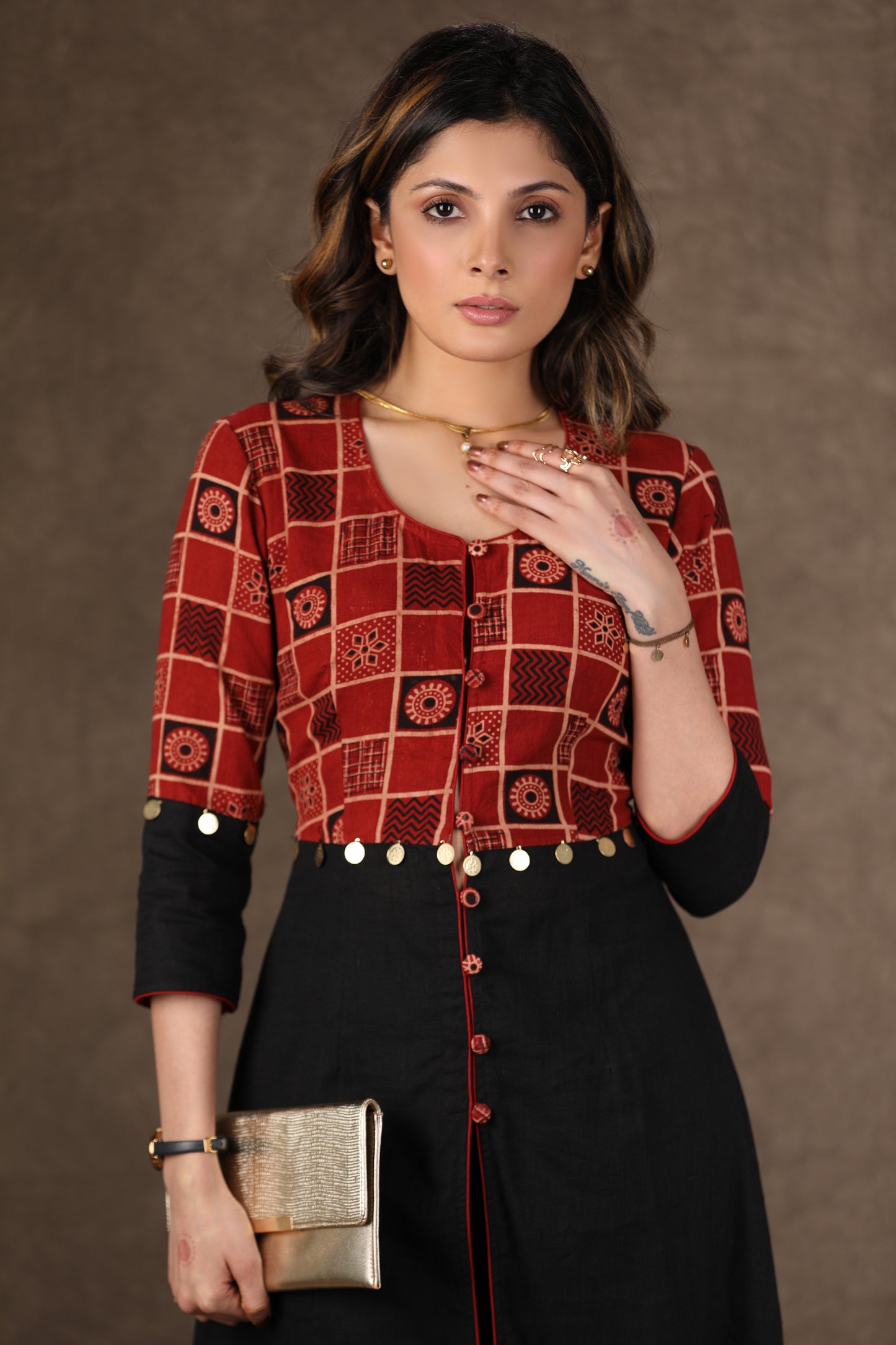 Exclusive Cotton Ajrakh Combination Kurta with Centre Slit and Gold Coin Work