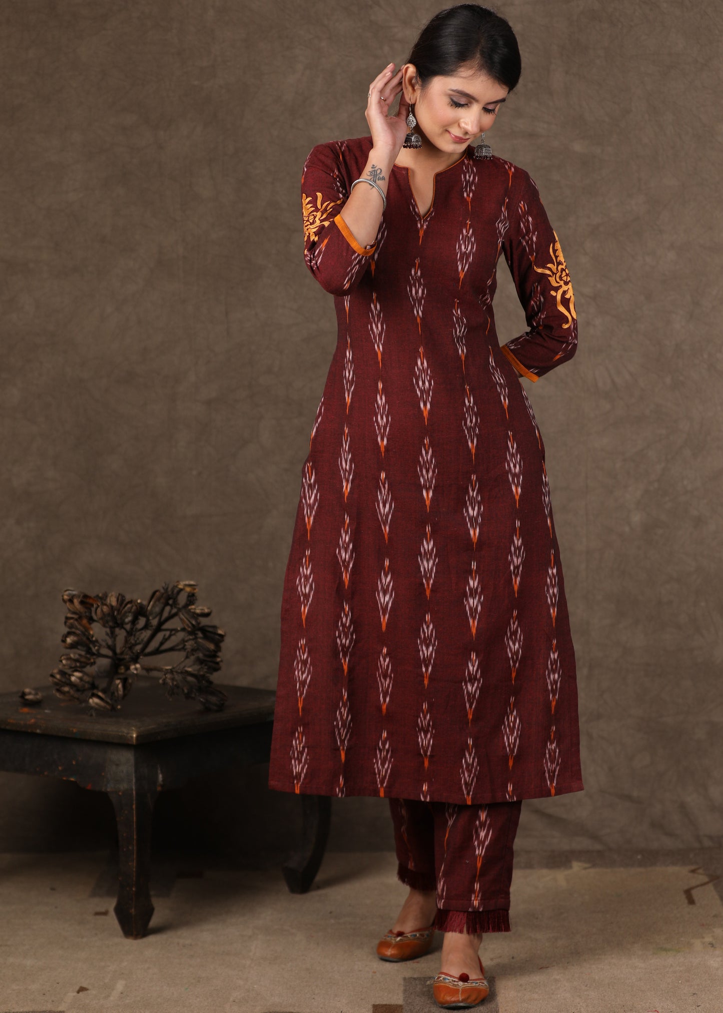 Stylish Maroon Ikat Kurta Pant Set with Cotton Silk Gota Work Jacket - 3 Piece (Kurta. Pants & Jacket Set)