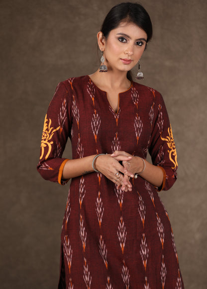 Stylish Maroon Ikat Kurta Pant Set with Cotton Silk Gota Work Jacket - 3 Piece (Kurta. Pants & Jacket Set)