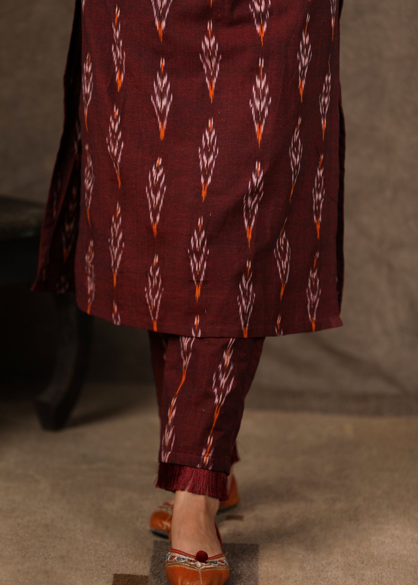 Stylish Maroon Ikat Kurta Pant Set with Cotton Silk Gota Work Jacket - 3 Piece (Kurta. Pants & Jacket Set)
