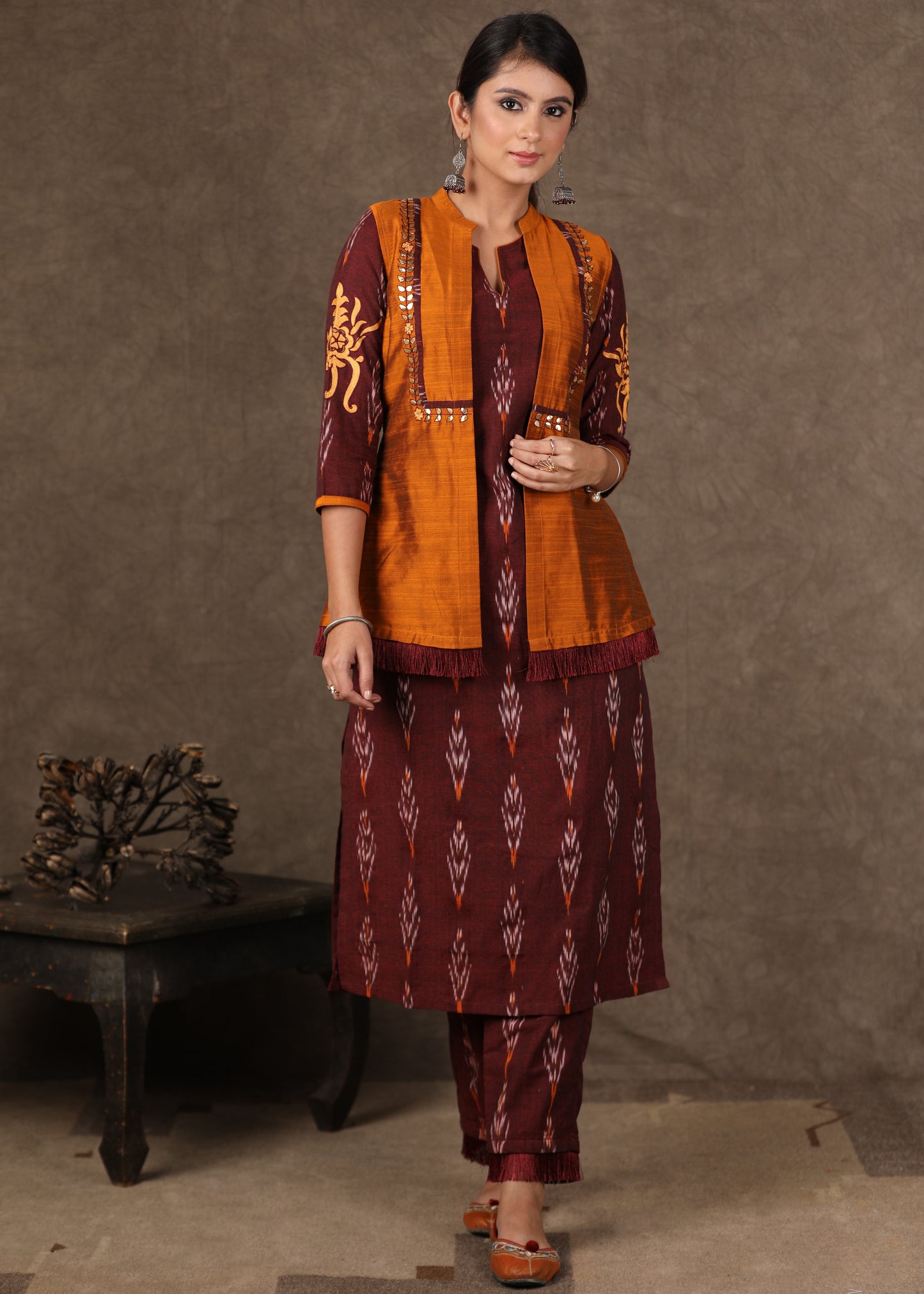 Stylish Maroon Ikat Kurta Pant Set with Cotton Silk Gota Work Jacket - 3 Piece (Kurta. Pants & Jacket Set)