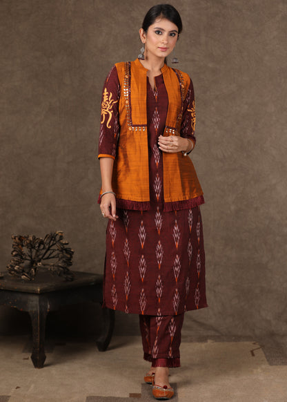 Stylish Maroon Ikat Kurta Pant Set with Cotton Silk Gota Work Jacket - 3 Piece (Kurta. Pants & Jacket Set)