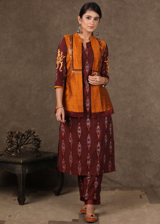 Stylish Maroon Ikat Kurta Pant Set with Cotton Silk Gota Work Jacket - 3 Piece (Kurta. Pants & Jacket Set)