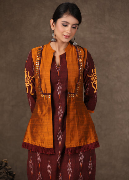 Stylish Maroon Ikat Kurta Pant Set with Cotton Silk Gota Work Jacket - 3 Piece (Kurta. Pants & Jacket Set)