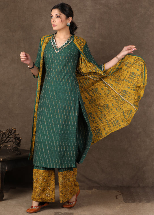 Green Ikat Kurta with Gota Patti Work