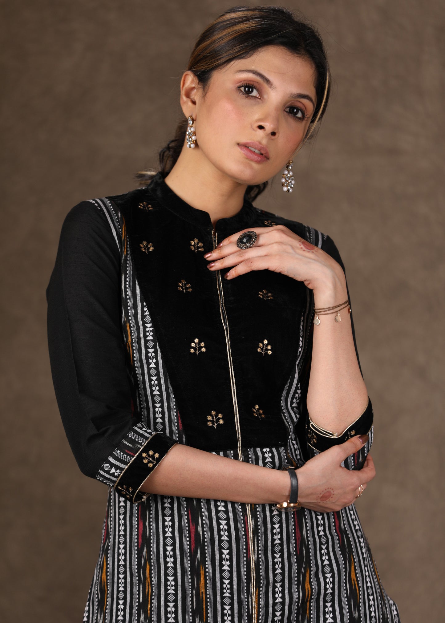Black Ikat Kurta with Antique Gold Work on Velvet Yoke