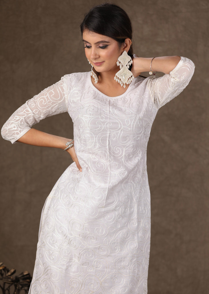 Classy White Self-Embroidered Kurta with Indigo Mirror Work Jacket & Flowy Sharara -3 Piece (Kurta, Sharara & Jacket Set)