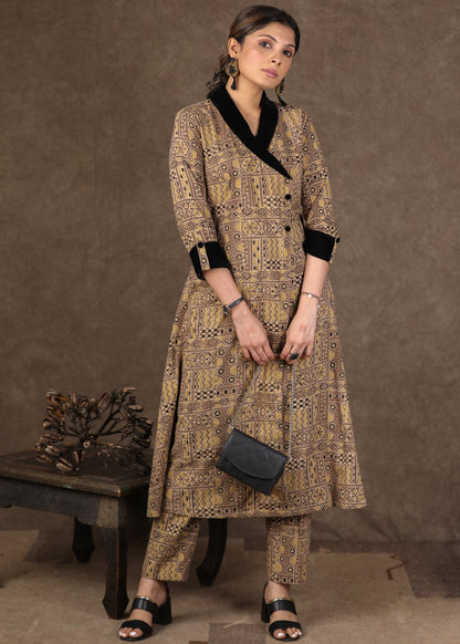 Dussehra Sale — A Line Jacket Style Ajrakh Kurta with Velvet Detailing - Ajrak pant optional