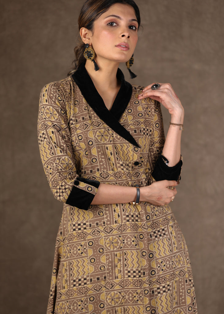 A Line Jacket Style Ajrakh Kurta with Velvet Detailing & Matching Pants - 2 Piece (Kurta & Pant Co-Ord Set)