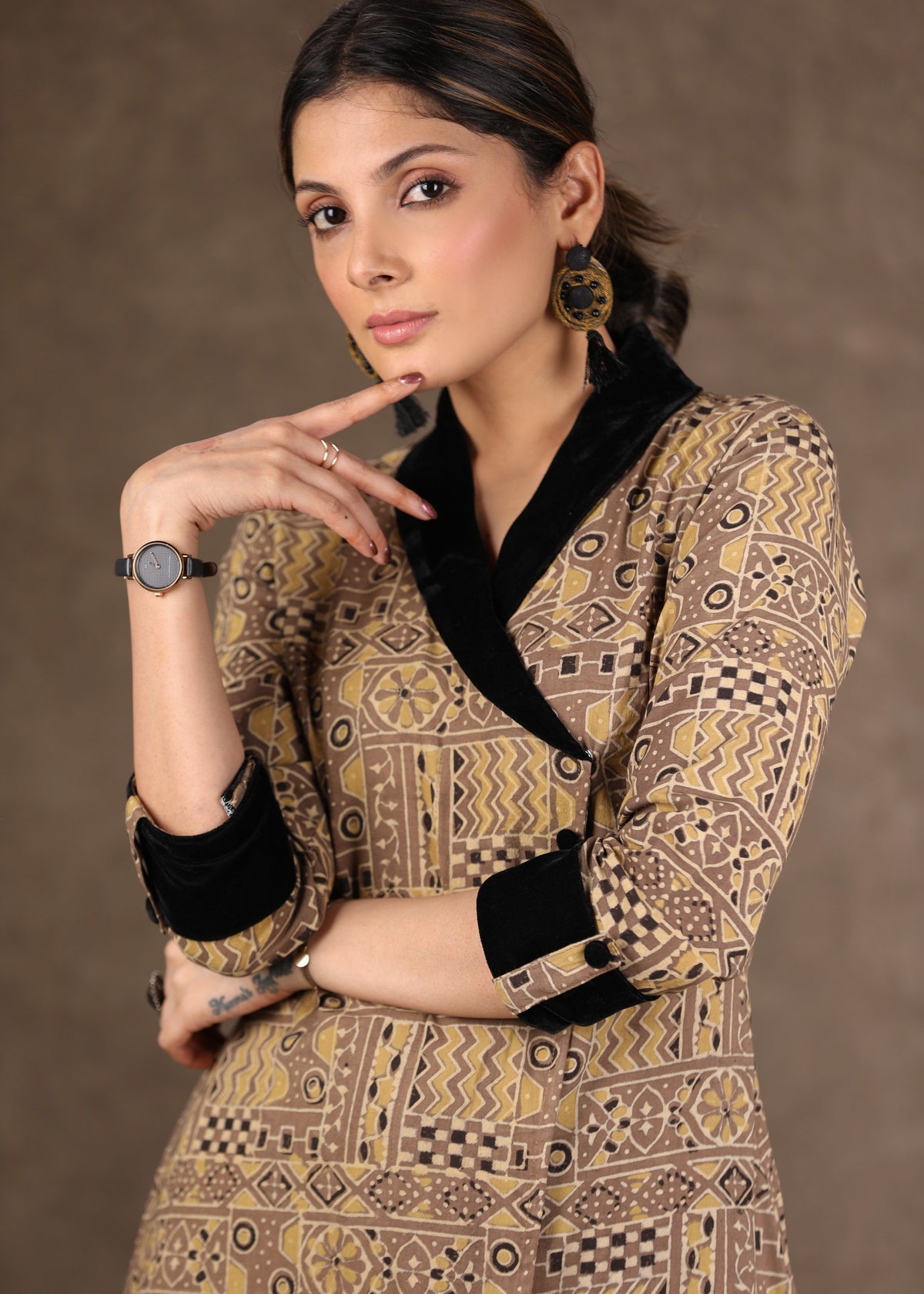 Dussehra Sale — A Line Jacket Style Ajrakh Kurta with Velvet Detailing - Ajrak pant optional