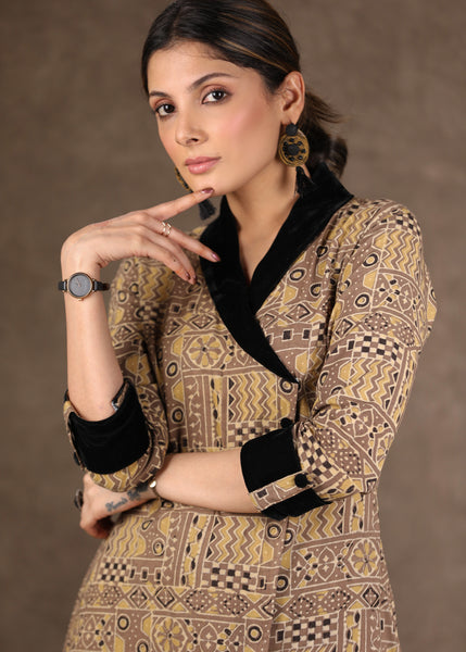 A Line Jacket Style Ajrakh Kurta with Velvet Detailing & Matching Pants - 2 Piece (Kurta & Pant Co-Ord Set)