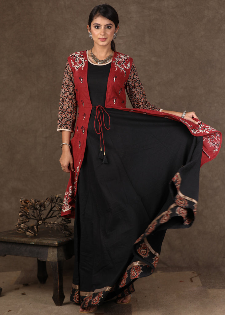 Black Flared Cotton Gown with Ajrakh Detailing & Embroidery on Jacket - 2 Piece (Gown + Jacket)