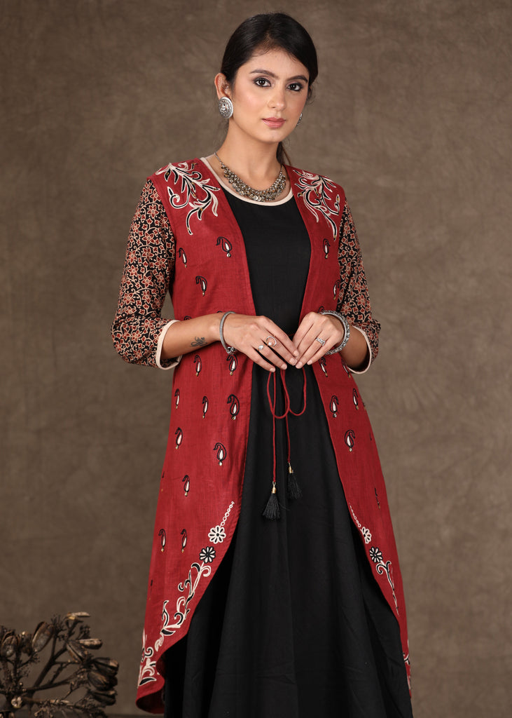 Black Flared Cotton Gown with Ajrakh Detailing & Embroidery on Jacket - 2 Piece (Gown + Jacket)