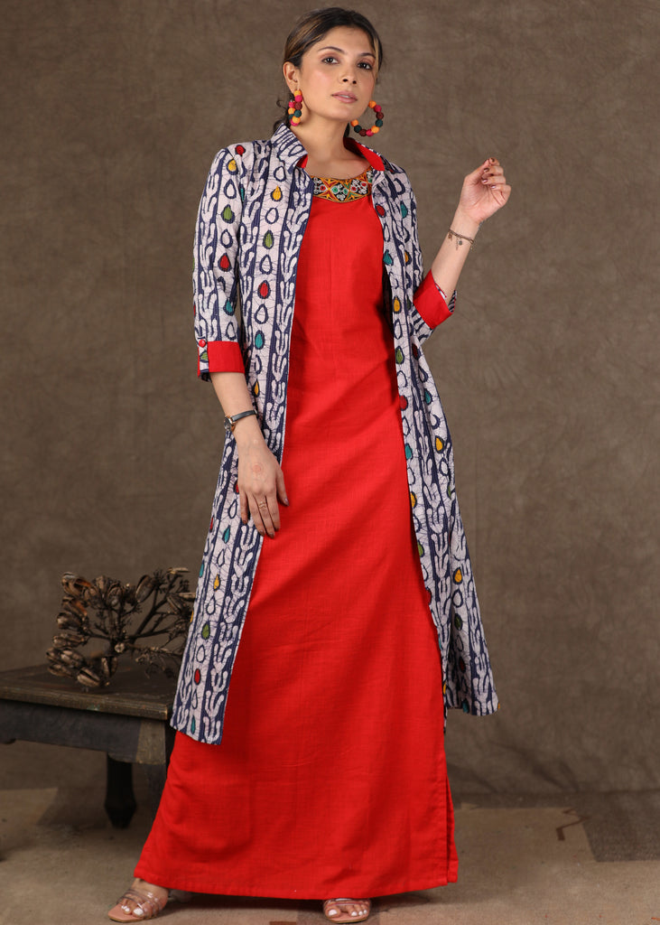 Red Cotton Fitted Dress with Handmade Embroidery and Indigo Print Long Shirt Dress -2 Piece (Jacket & Long Dress Set)