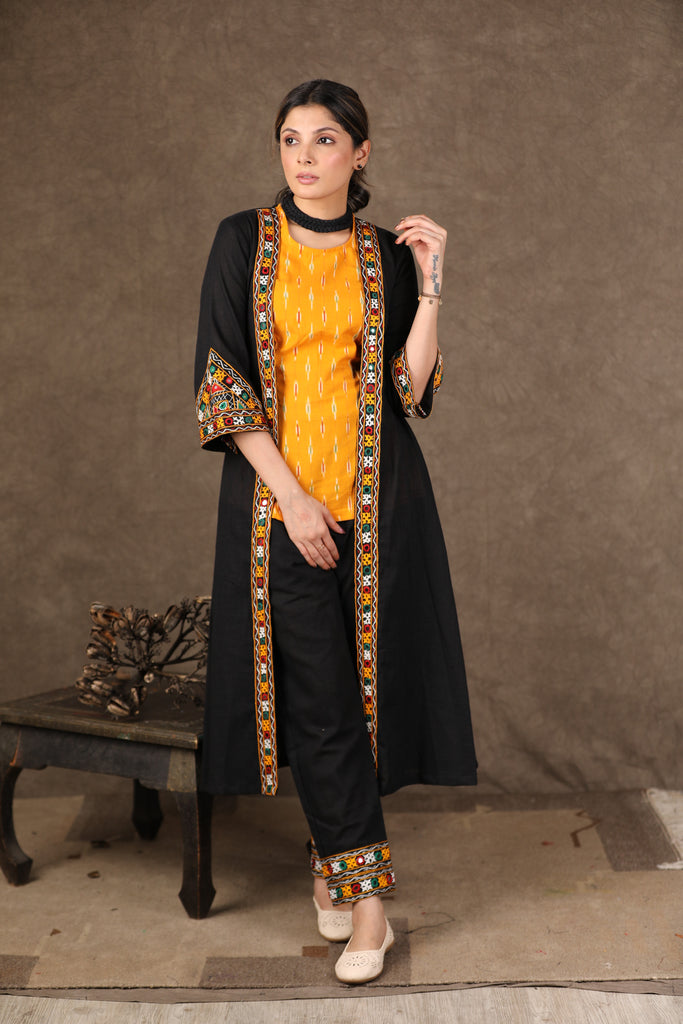 Black Cotton Long Shrug Set with Jaipuri Border and Ikat Inner - 3 Piece (Long Shrug, Inner & Pant Set)