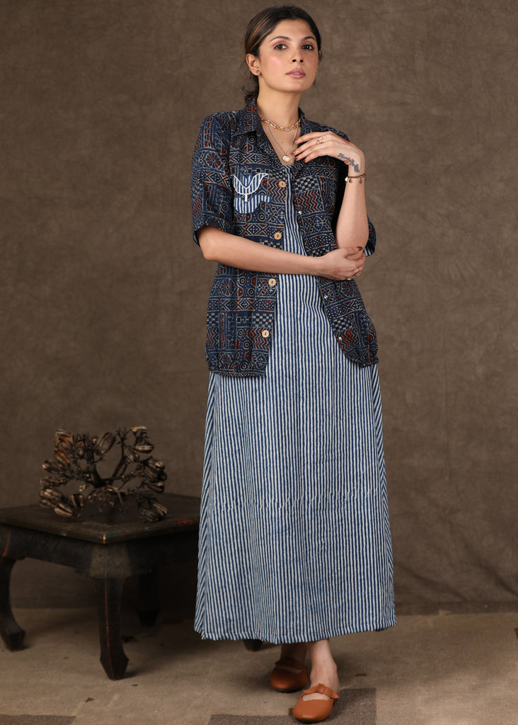Indigo Stripe Dress with Indigo Ajrakh Shirt with Applique Work - 2 Piece (Jacket & Dress Set)
