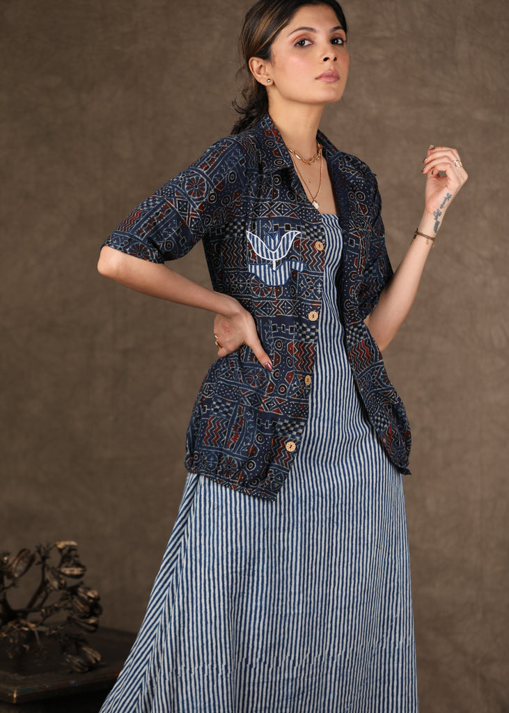 Indigo Stripe Dress with Indigo Ajrakh Shirt with Applique Work - 2 Piece (Jacket & Dress Set)