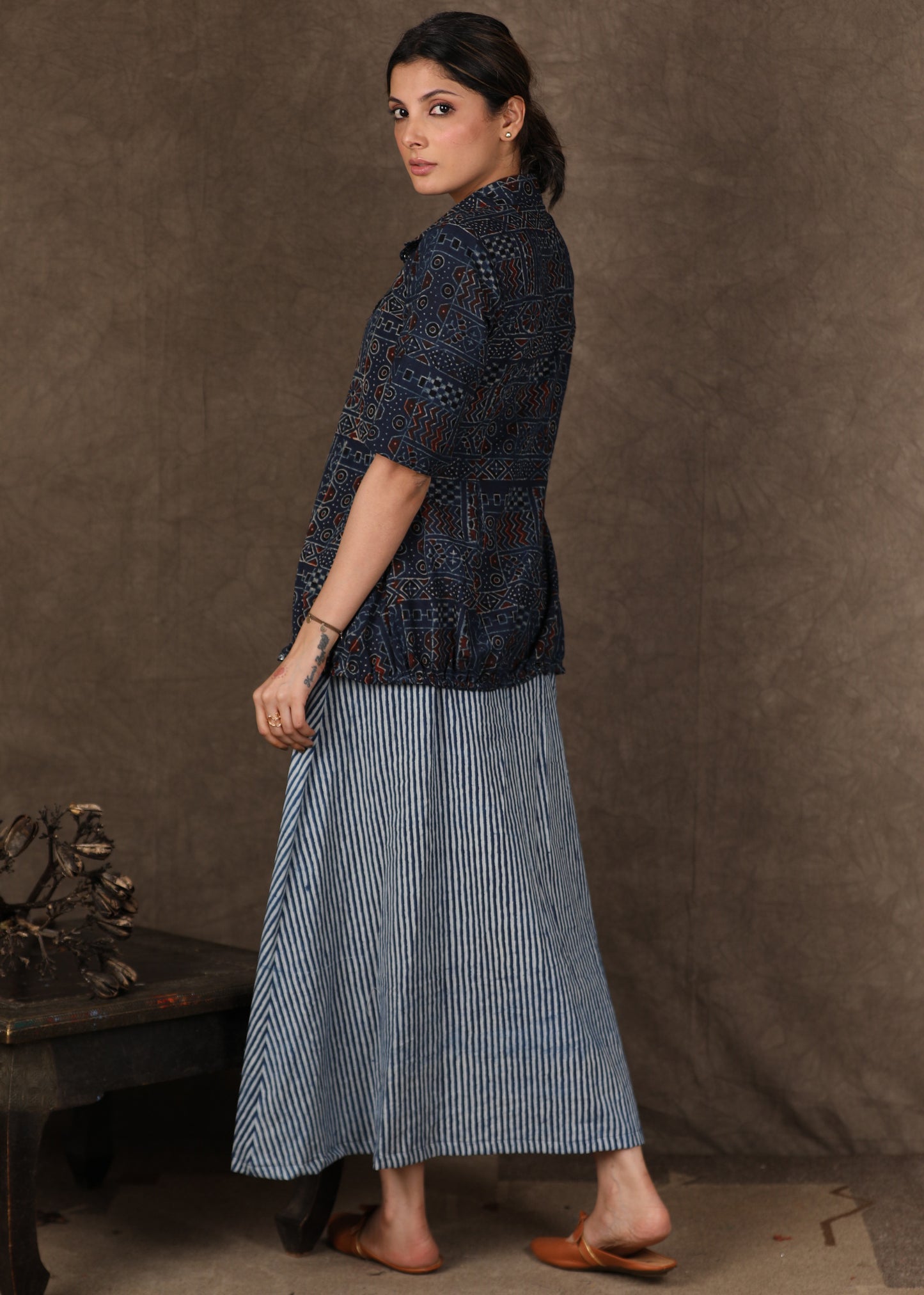 Classy Indigo Striped dress - Ajrakh Shirt optional