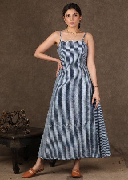 Classy Indigo Striped dress - Ajrakh Shirt optional